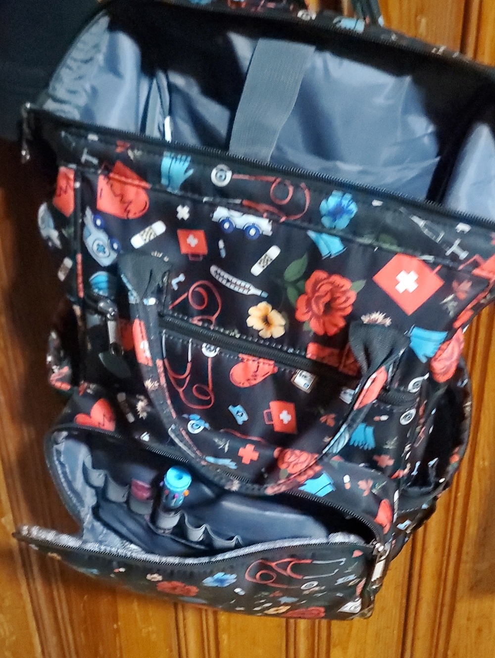 Floral Medical Print Utility Backpack - Black/Red/blue